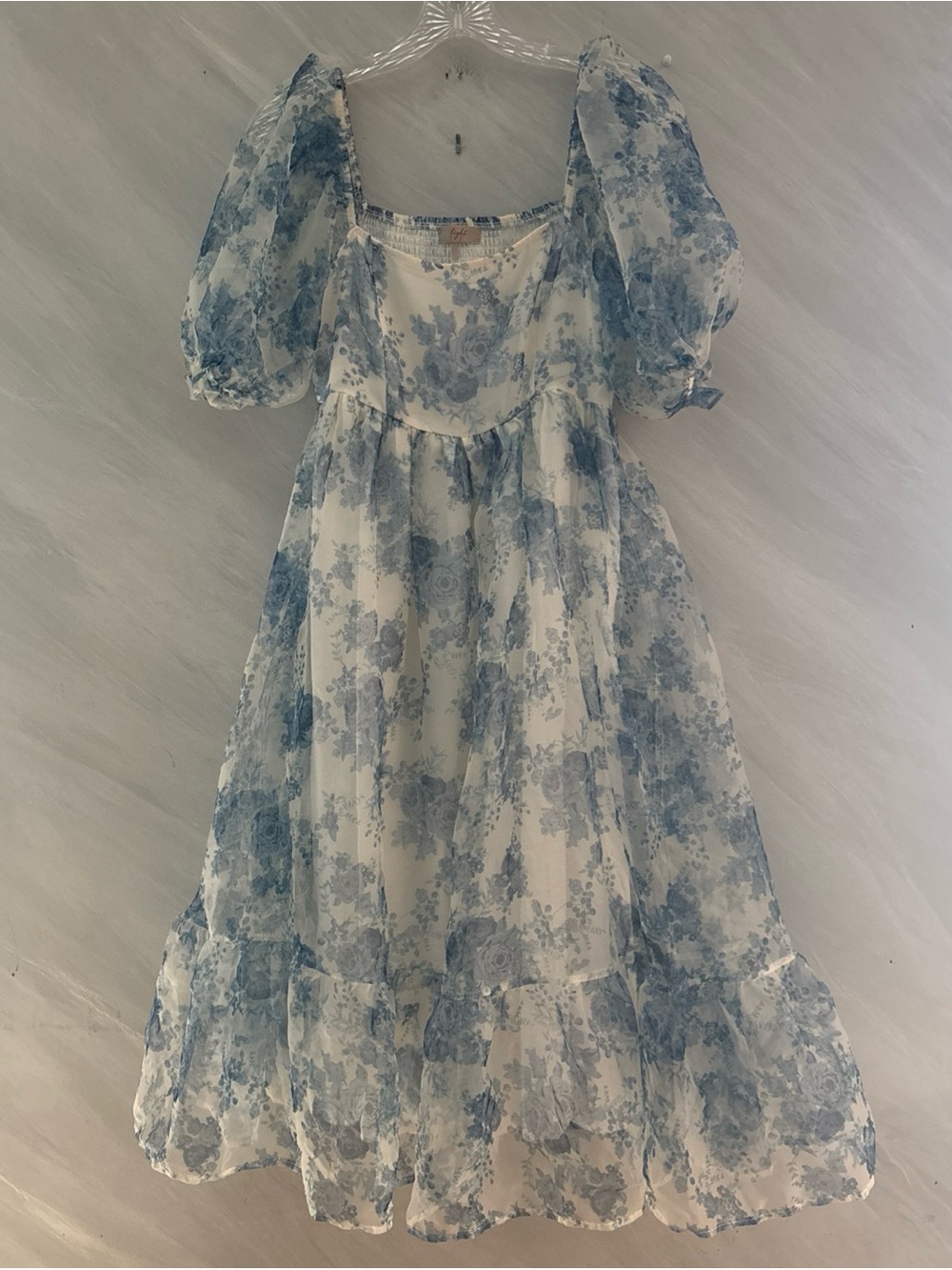 Francesca’s S Blue Floral Square Neck Puff Sleeves,Tiered Midi Dress Cottagecore